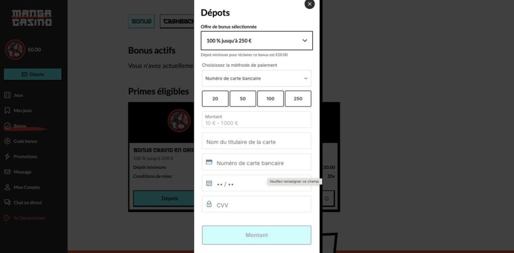 Manga Casino moyen paiement dépôt